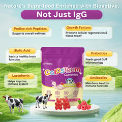 JUYIHEAL Colostrum Gummies close-up texture; chewy raspberry treat with health benefits.
