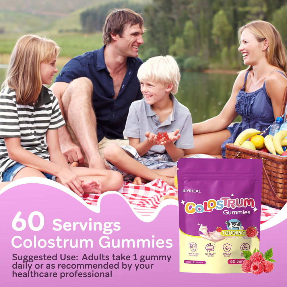 JUYIHEAL Colostrum Gummies ingredient panel; no artificial additives for purity.