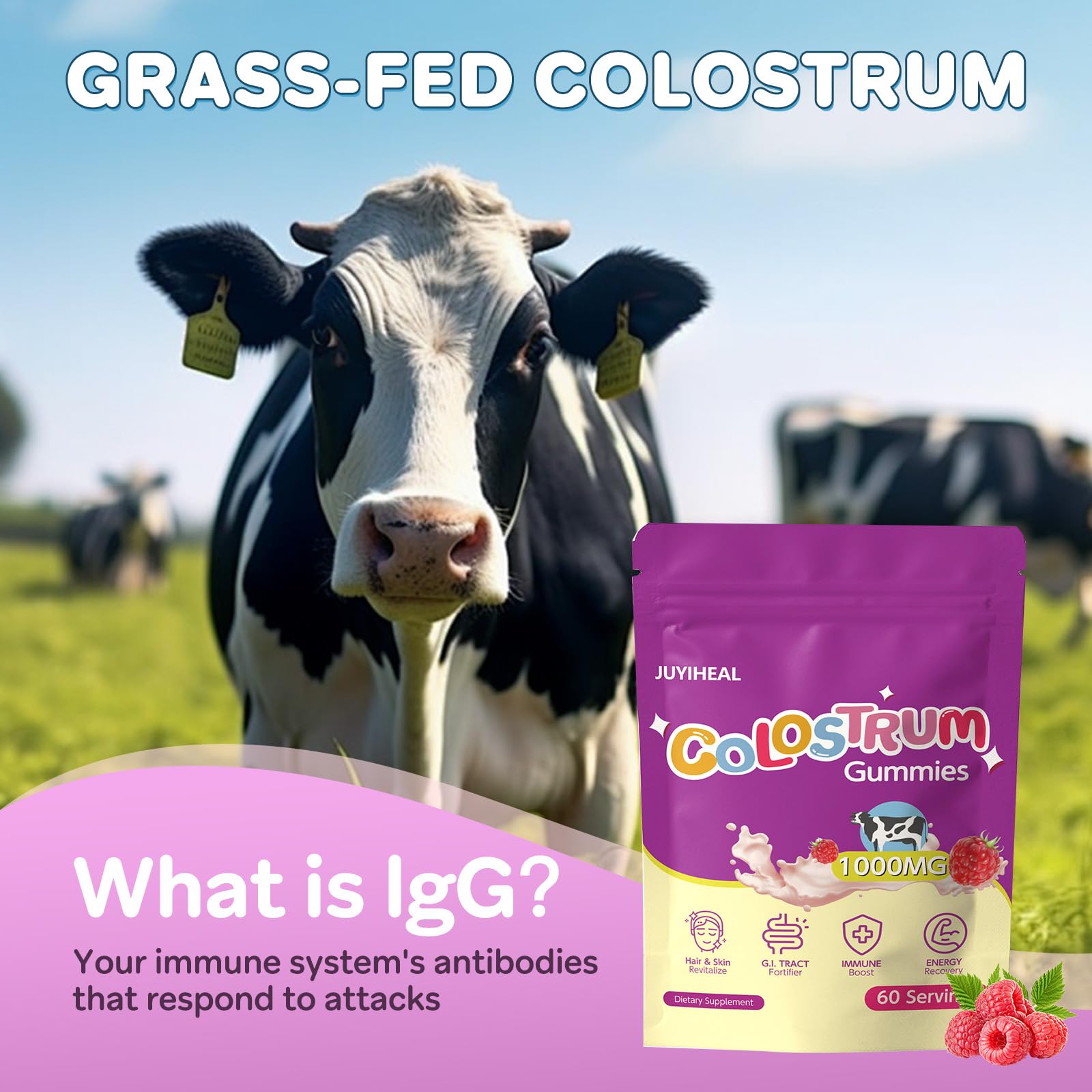 JUYIHEAL Colostrum Gummies kid-friendly design; tasty daily wellness aid.