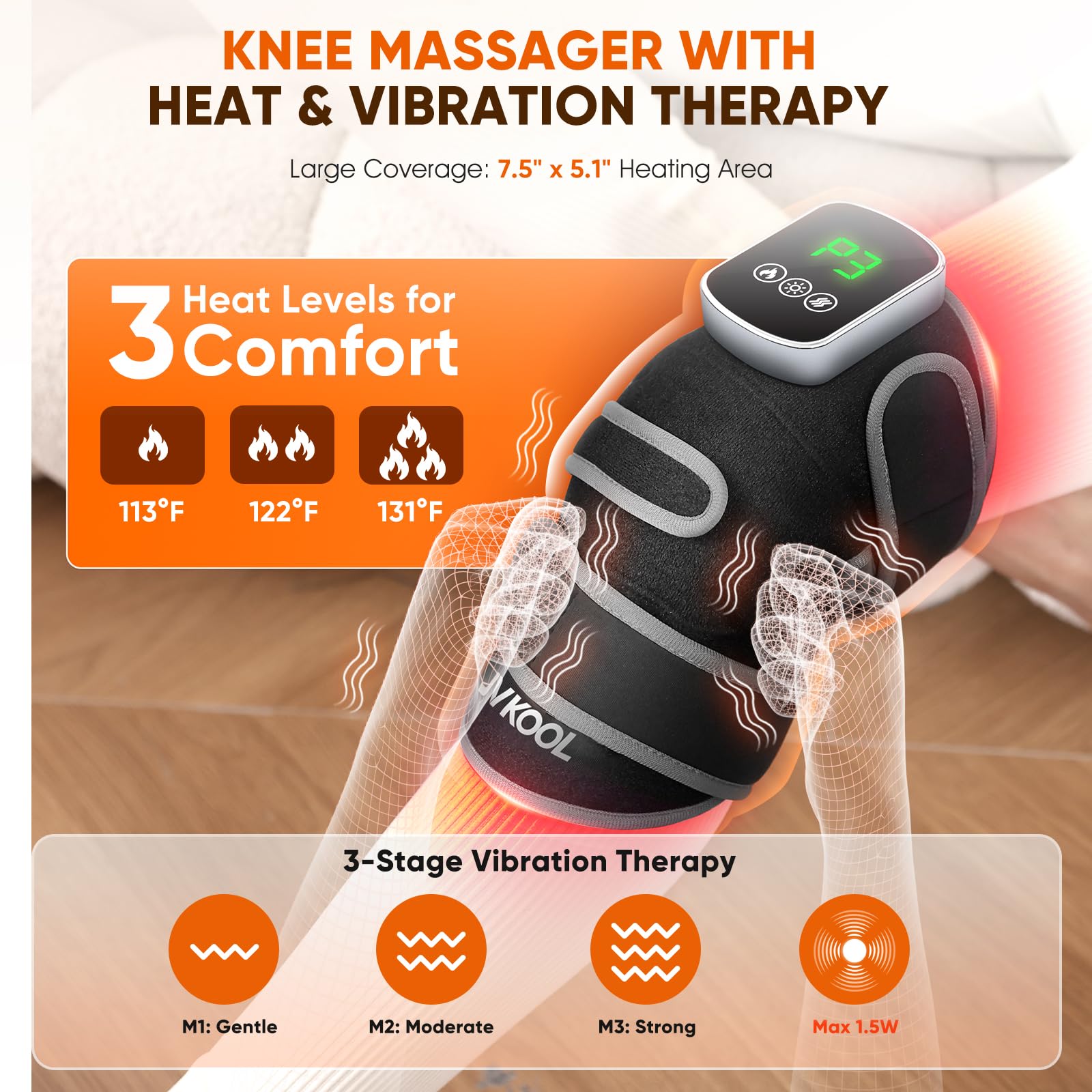 JVKOOL Knee Massager three massage modes for versatile relief.