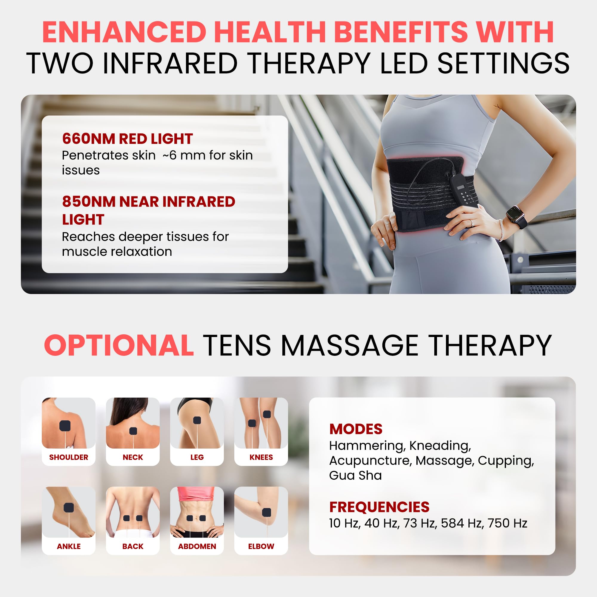 JWAY red light therapy belt massage modes close-up, featuring relief options.