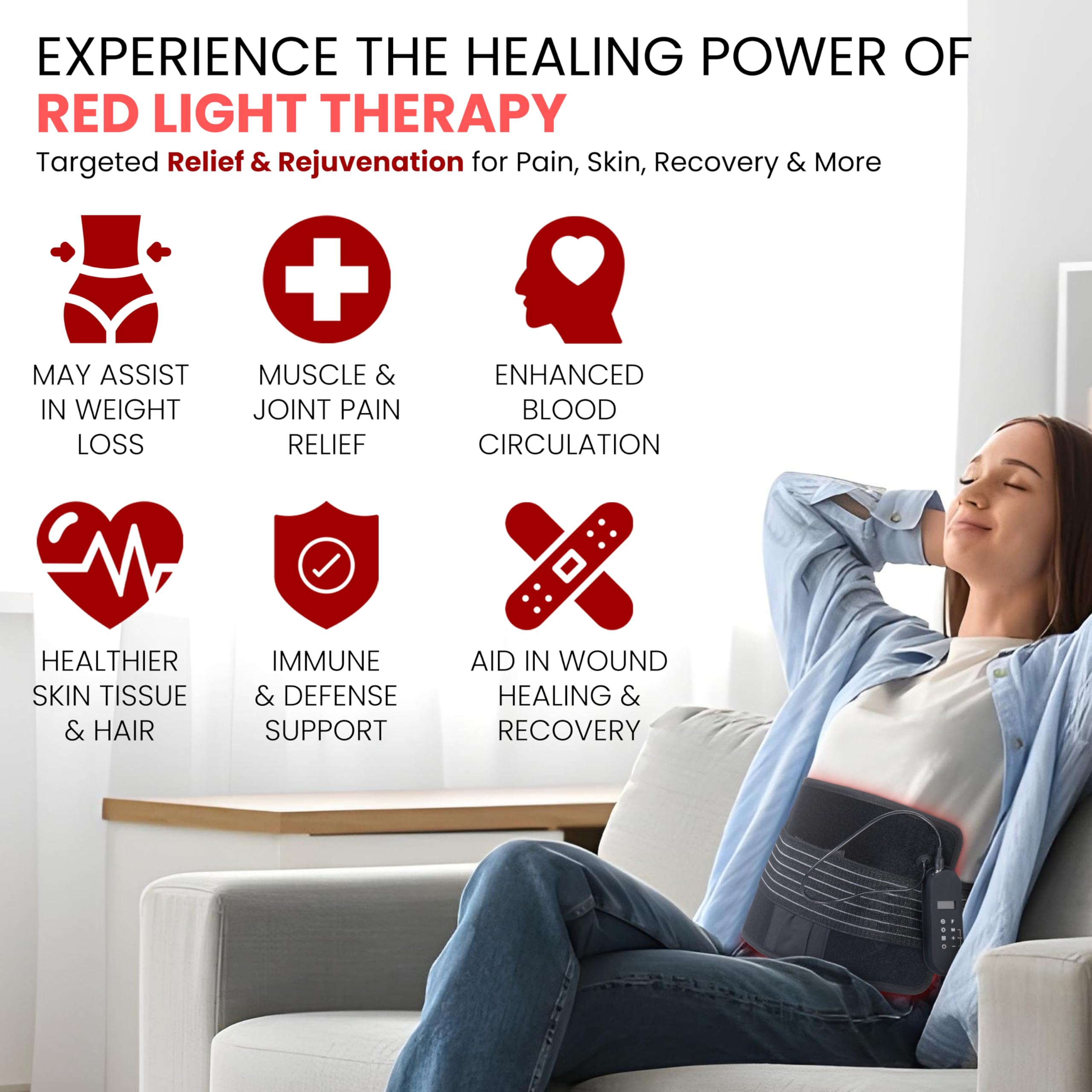 JWAY red light therapy belt worn on body, hands-free relaxation.
