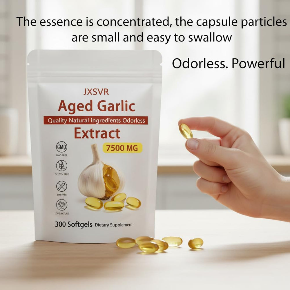 Back label of JXSVR aged garlic extract bottle with usage details