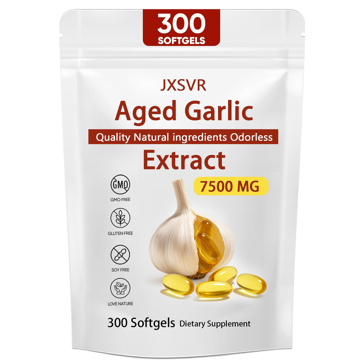 JXSVR aged garlic extract bottle front with odorless softgels for daily support