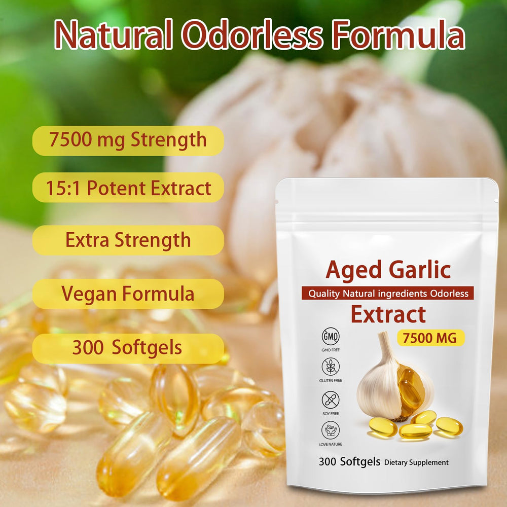 Closeup of JXSVR aged garlic extract softgels showing odorless capsules