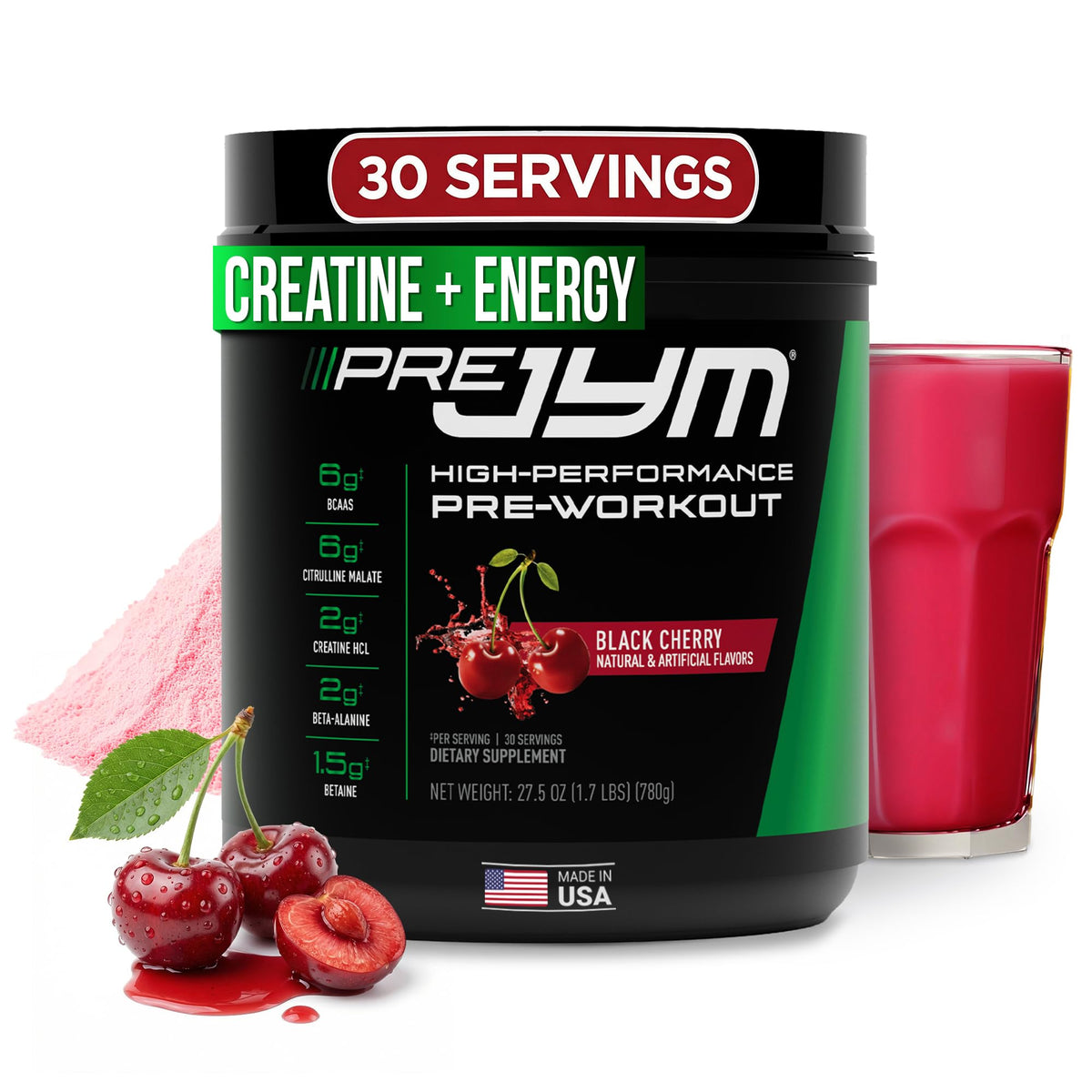 JYM Pre-JYM Black Cherry bottle ready for pre-workout energy support