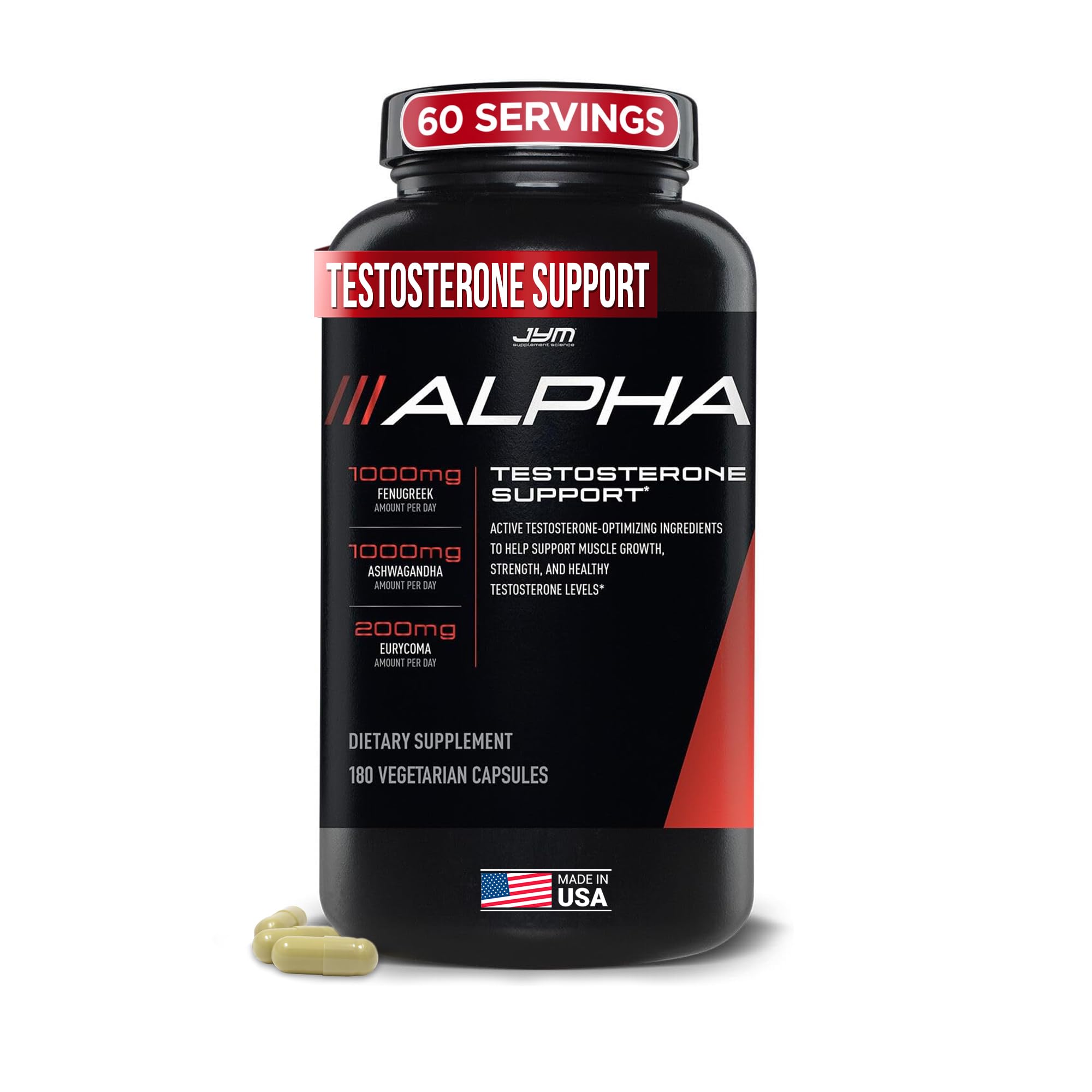 Alpha JYM Testosterone Support bottle showing label for male vitality.