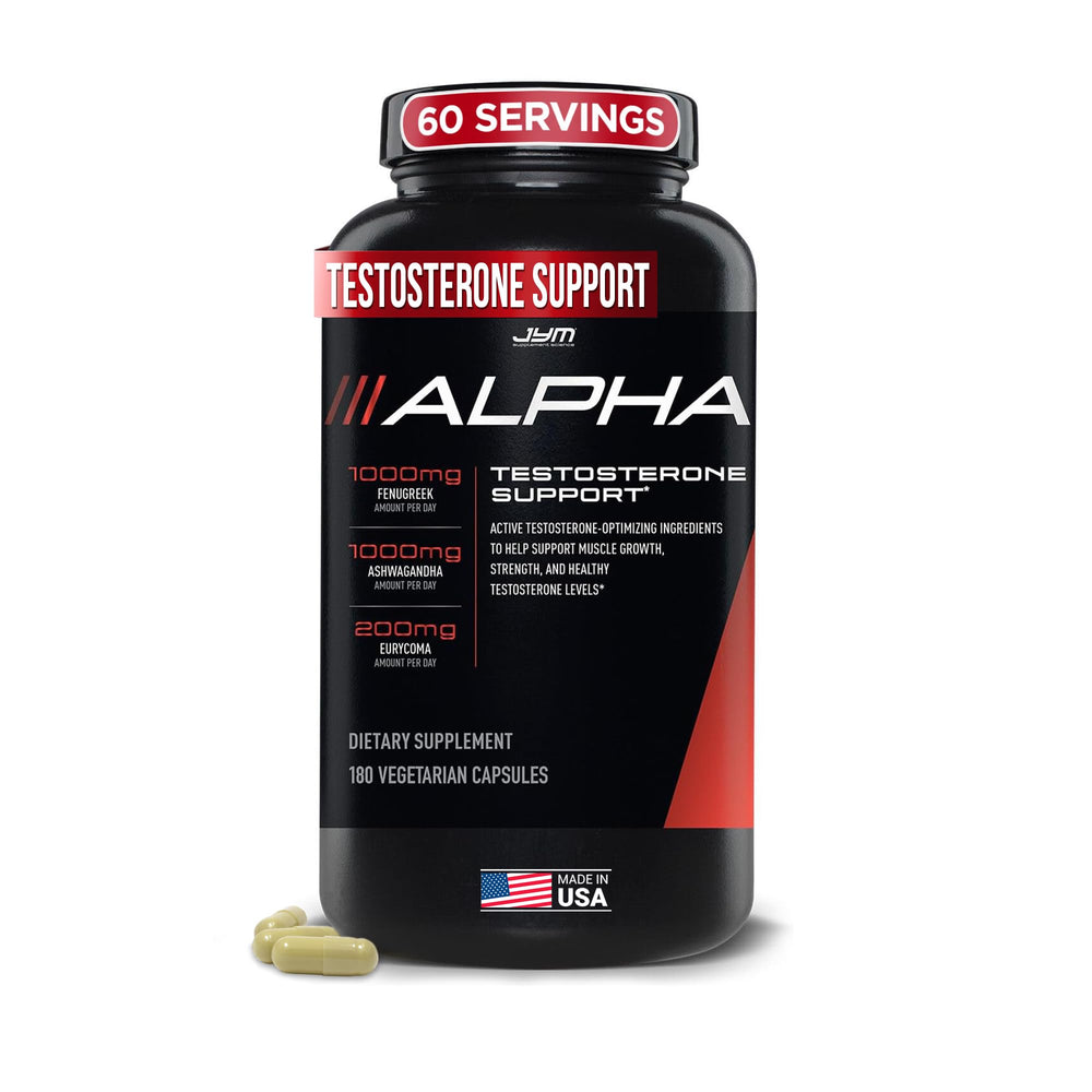 Alpha JYM Testosterone Support bottle showing label for male vitality.