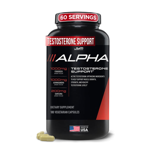 Alpha JYM Testosterone Support bottle showing label for male vitality.