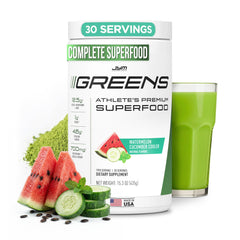 JYM Greens bottle shows Watermelon Cucumber flavor for daily nutrition.