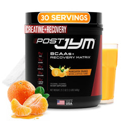 JYM Post JYM Active Matrix Mandarin Orange tub for post-workout recovery.