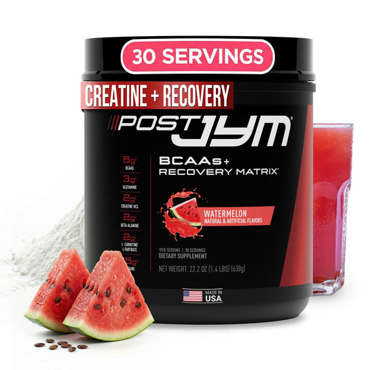 JYM Post JYM Active Matrix watermelon tub for post-workout recovery and flavor.