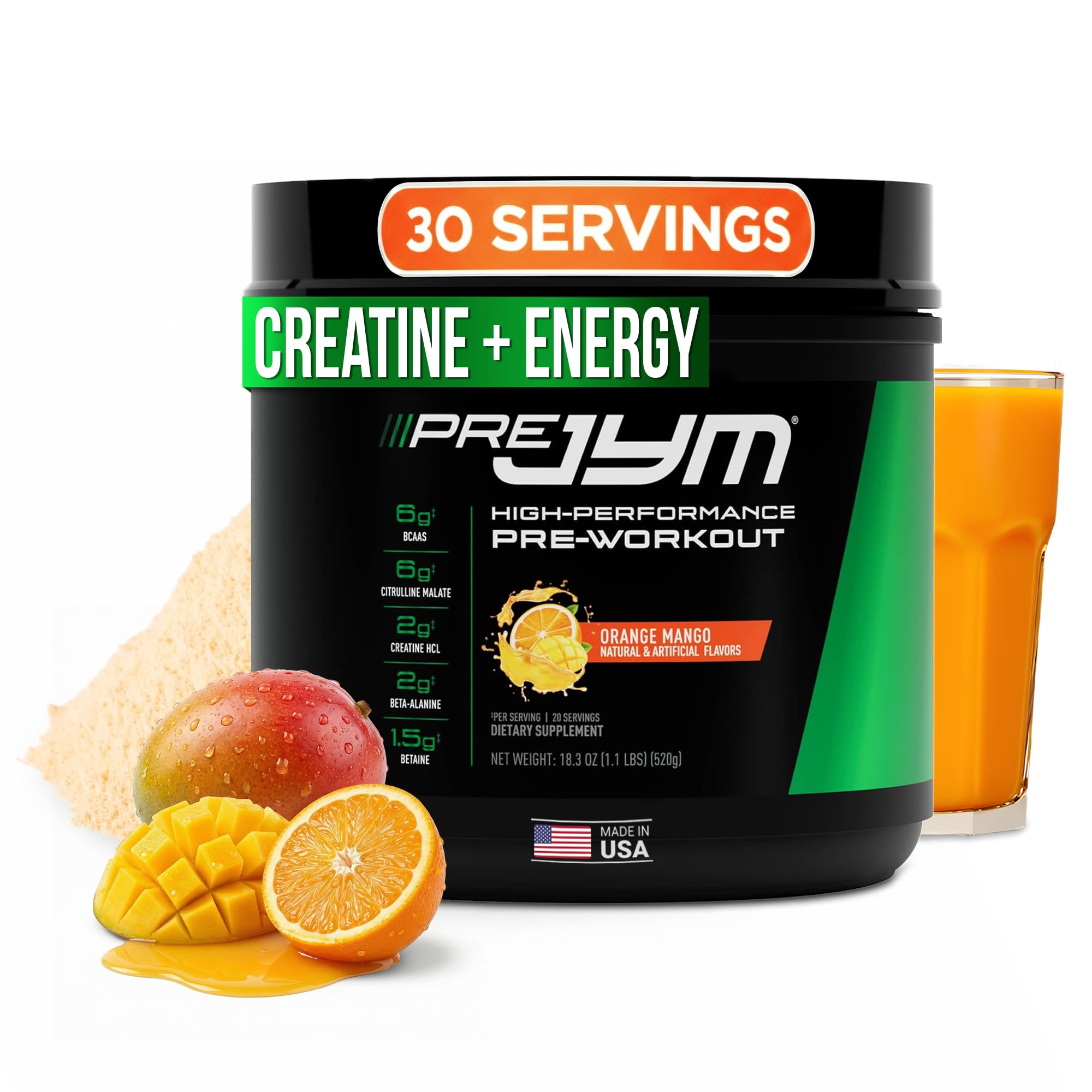 JYM PRE JYM Orange Mango powder scoop ready for focused pre-workout energy.