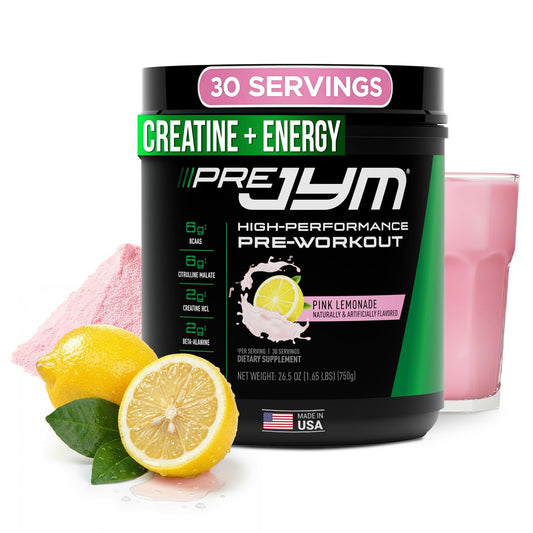 JYM Pre JYM Pink Lemonade bottle ready for a focused workout.
