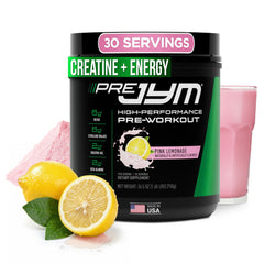 JYM Pre JYM Pink Lemonade bottle ready for a focused workout.
