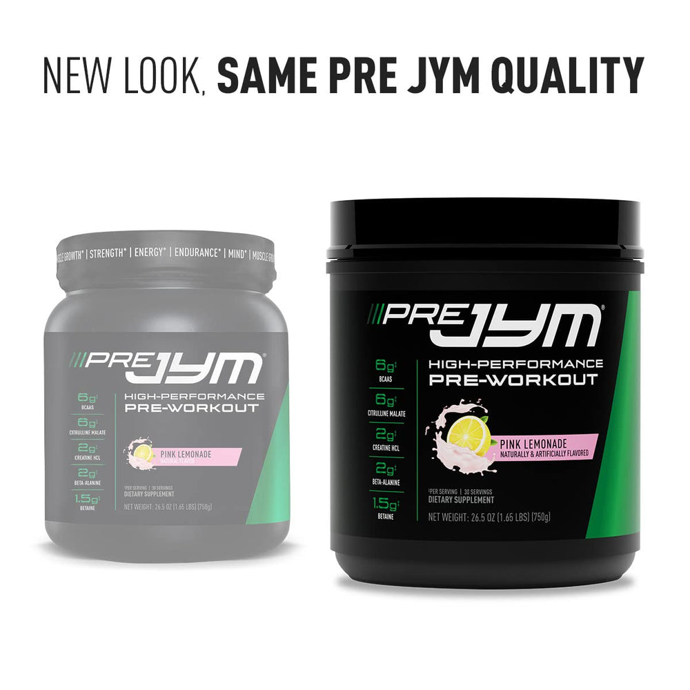 Glass with JYM Pre JYM Pink Lemonade beside a training timer.