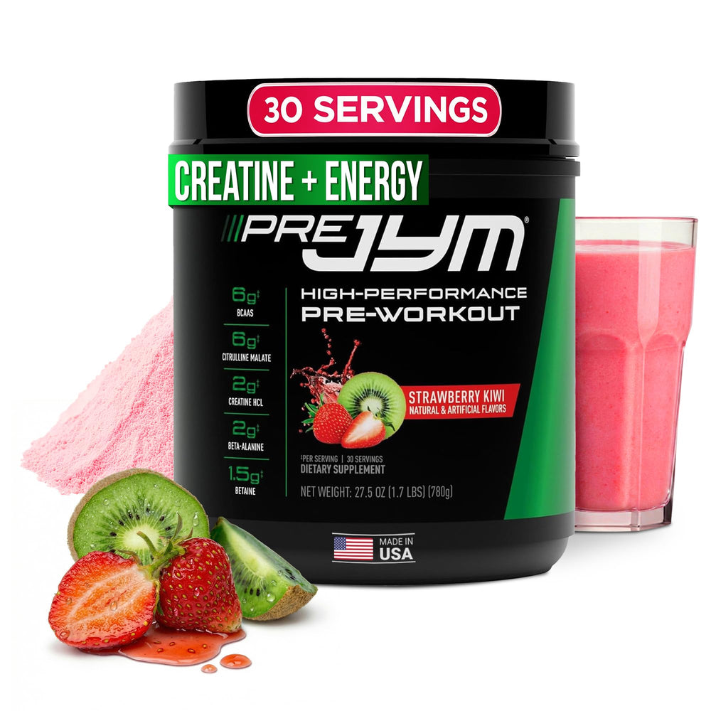 JYM Pre JYM strawberry kiwi bottle for convenient pre-workout fueling.