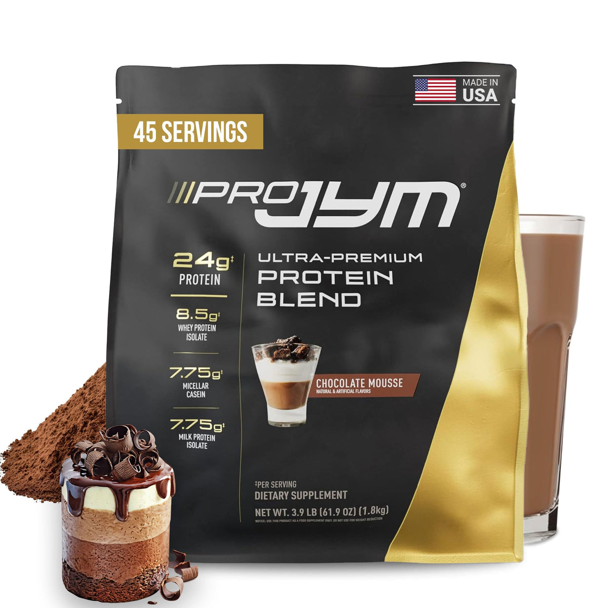 JYM Pro Chocolate Mousse bottle shows the protein blend for recovery potential.