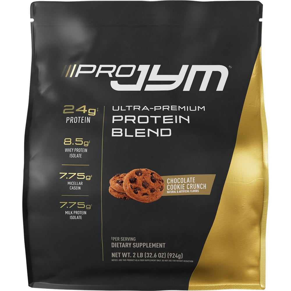 JYM Pro JYM Chocolate Cookie Crunch bottle highlights a balanced protein blend for lean muscle support