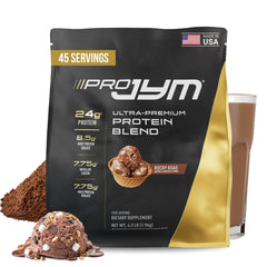 JYM Pro JYM Rocky Road protein powder tub showing 24g protein per serving