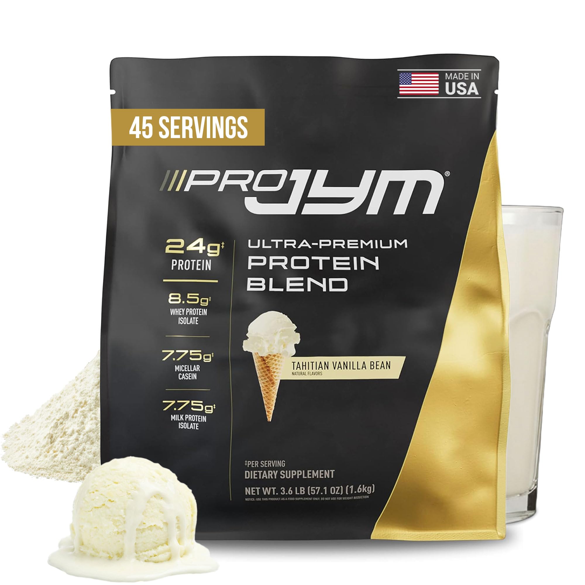 JYM Pro JYM Tahitian Vanilla protein powder tub, front view showing blend.