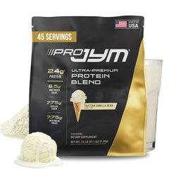 JYM Pro JYM Tahitian Vanilla protein powder tub, front view showing blend.