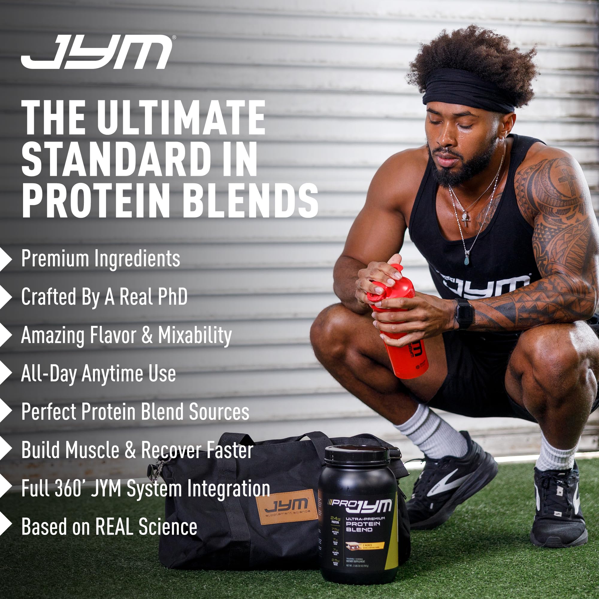 Open tub of Pro JYM Tahitian Vanilla protein powder with seal visible.