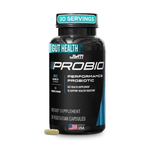 JYM ProBio bottle front showing the probiotic blend for daily digestive support.