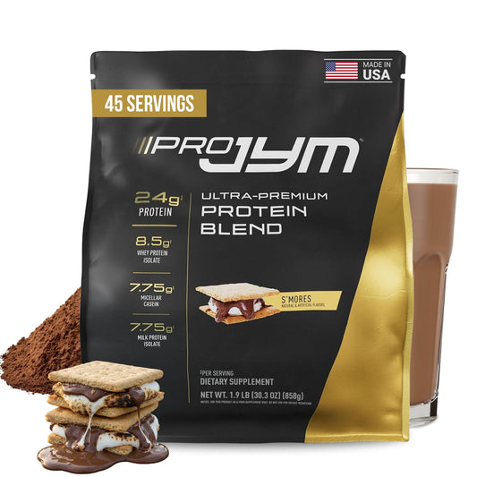 JYM Pro JYM Smores bottle showing premium protein blend for lean muscle support.
