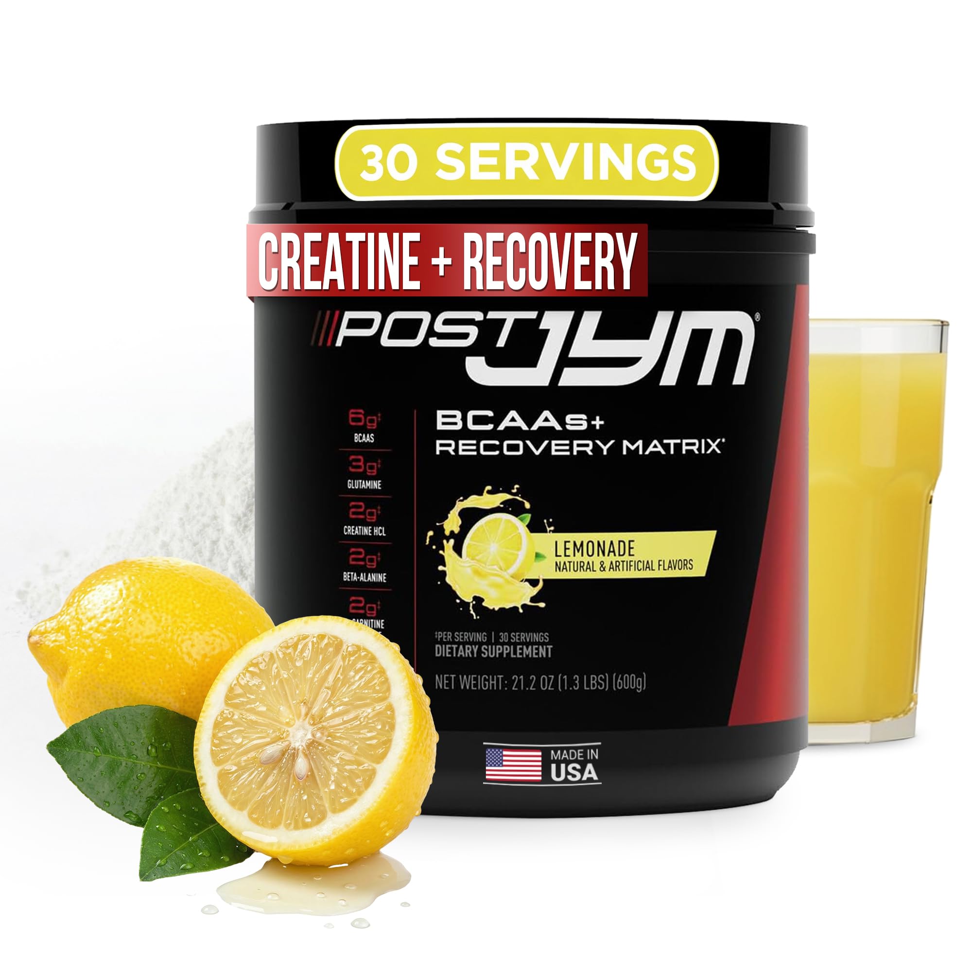 JYM Post JYM Active Matrix Lemonade powder supports post-workout recovery and protein synthesis.