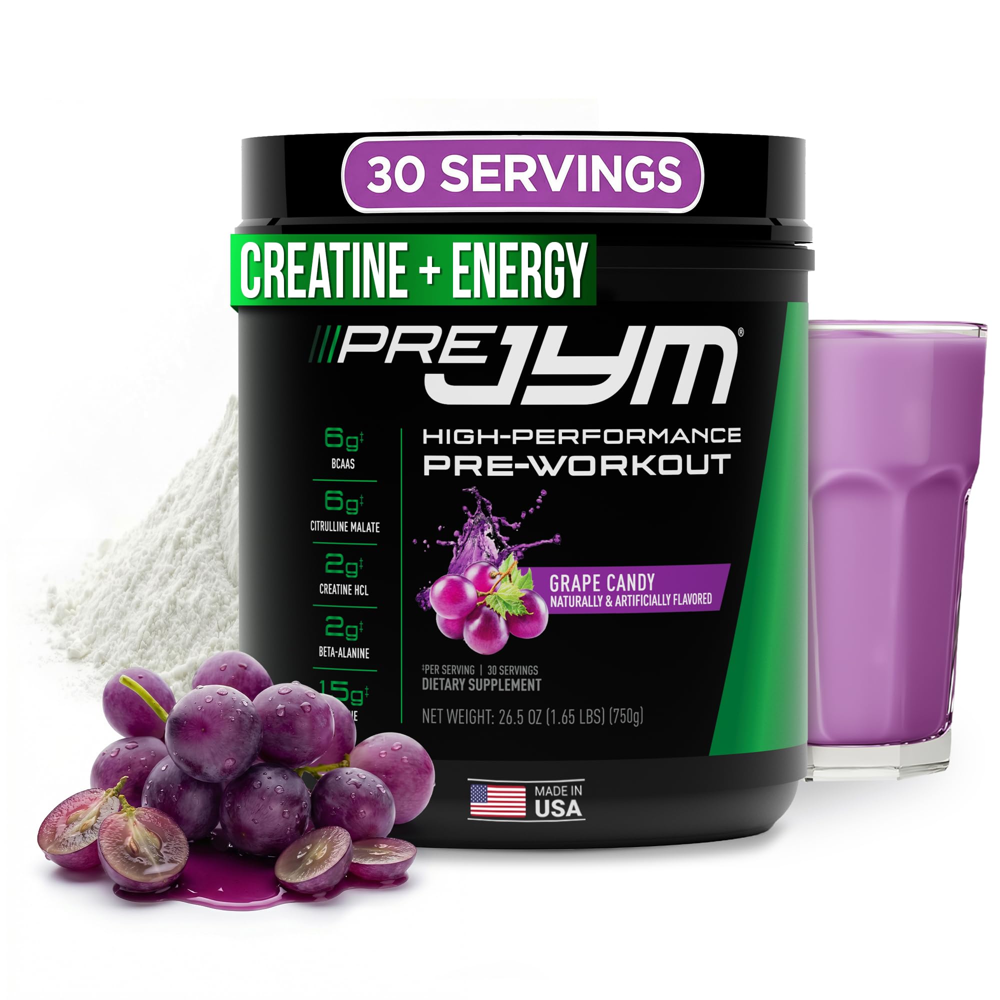 JYM Pre JYM grape candy bottle showing the ingredient blend for workouts