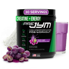 JYM Pre JYM grape candy bottle showing the ingredient blend for workouts