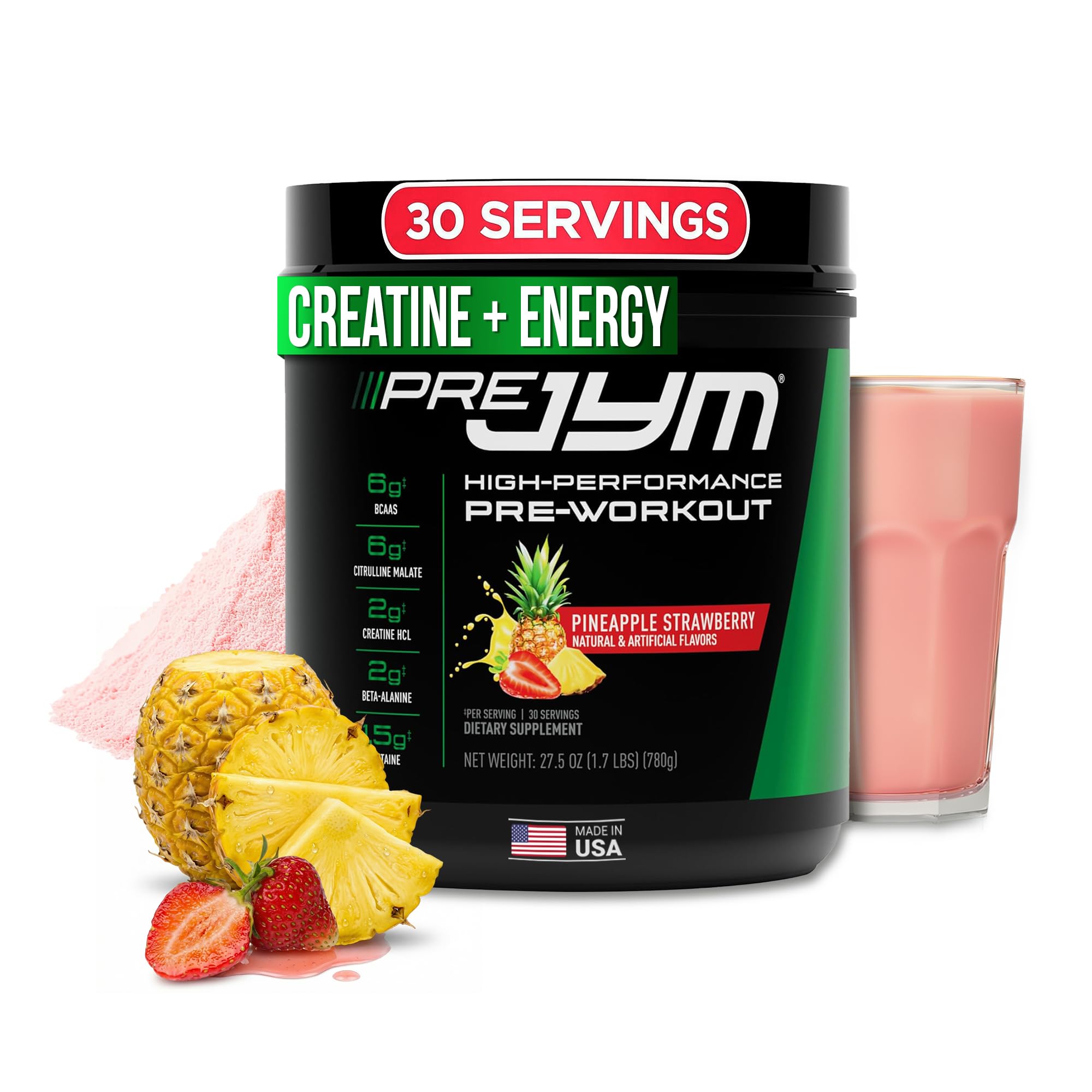 JYM Pre JYM pineapple strawberry tub displaying premium pre-workout formula for energy
