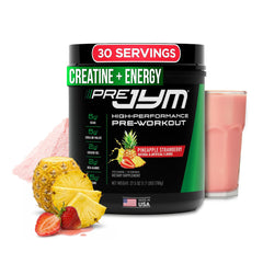 JYM Pre JYM pineapple strawberry tub displaying premium pre-workout formula for energy