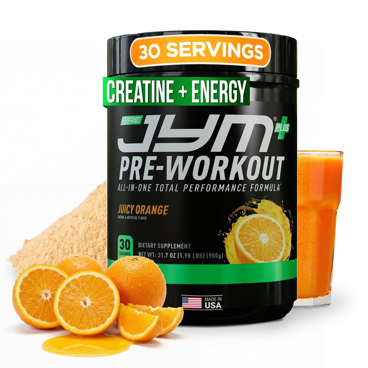 JYM Pre JYM Plus orange bottle delivering powerful pumps for intense workouts
