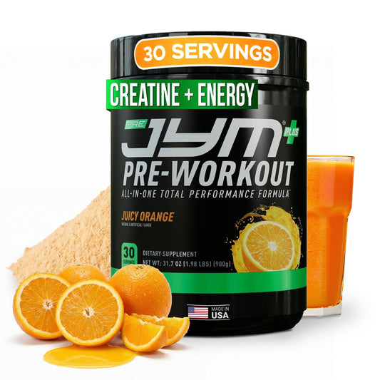 JYM Pre JYM Plus orange bottle delivering powerful pumps for intense workouts