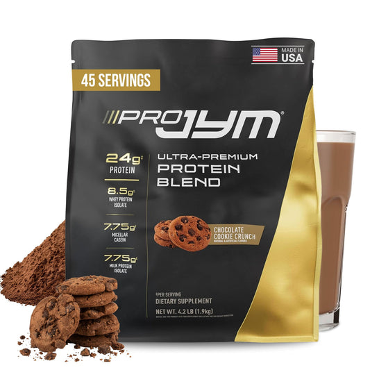 Pro JYM Chocolate Cookie Crunch tub front view highlights protein blend and servings