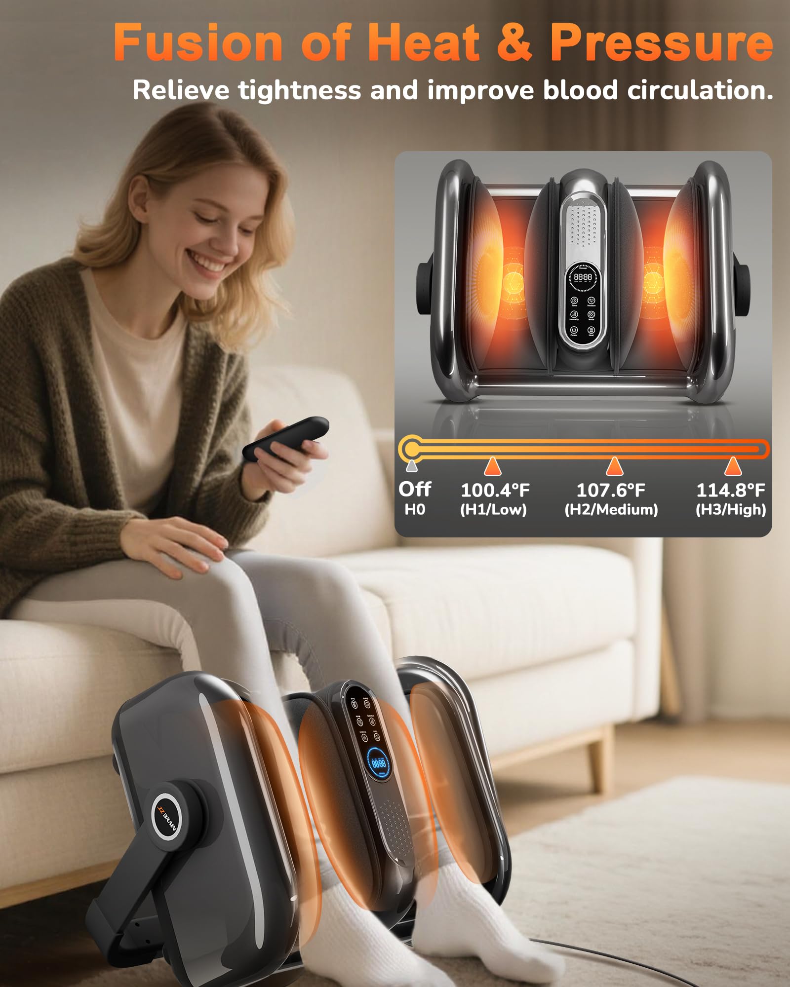 JZBRAIN foot massager heat levels close-up showing adjustable warmth options.