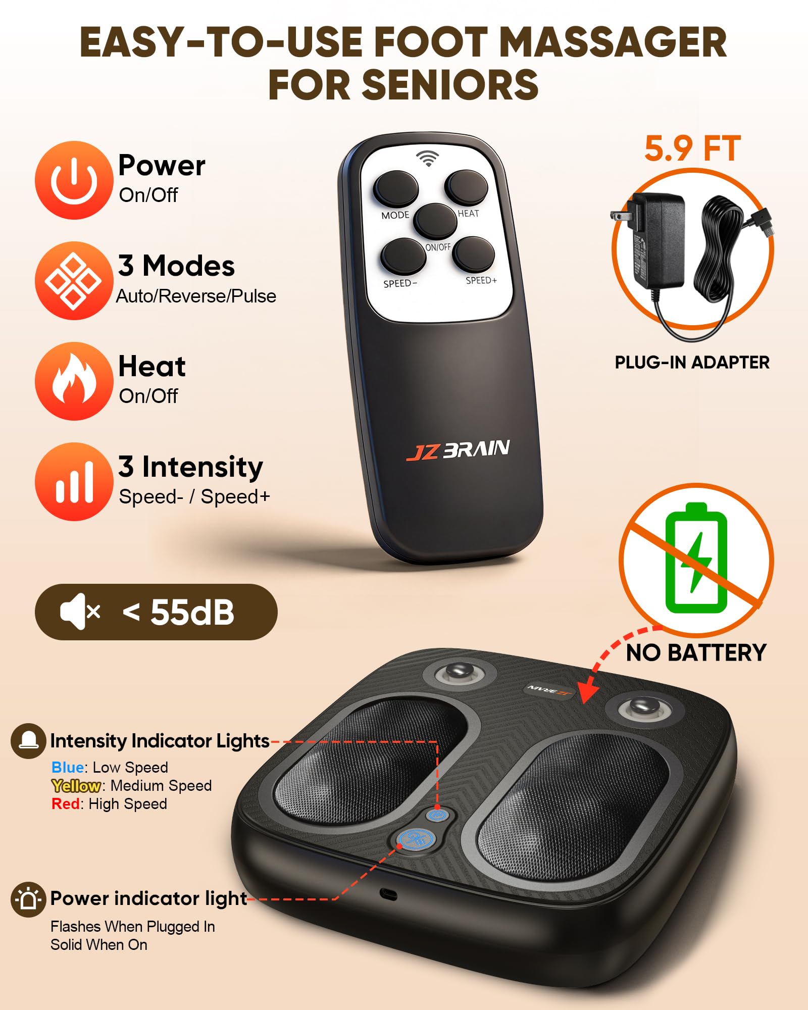 JZBRAIN Shiatsu Foot Massager rollers performing deep kneading across toes and arches