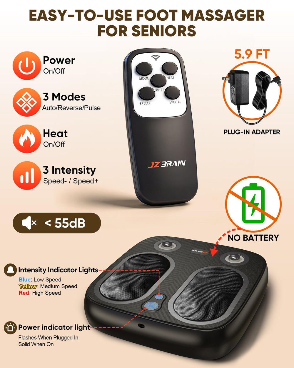 JZBRAIN Shiatsu Foot Massager rollers performing deep kneading across toes and arches