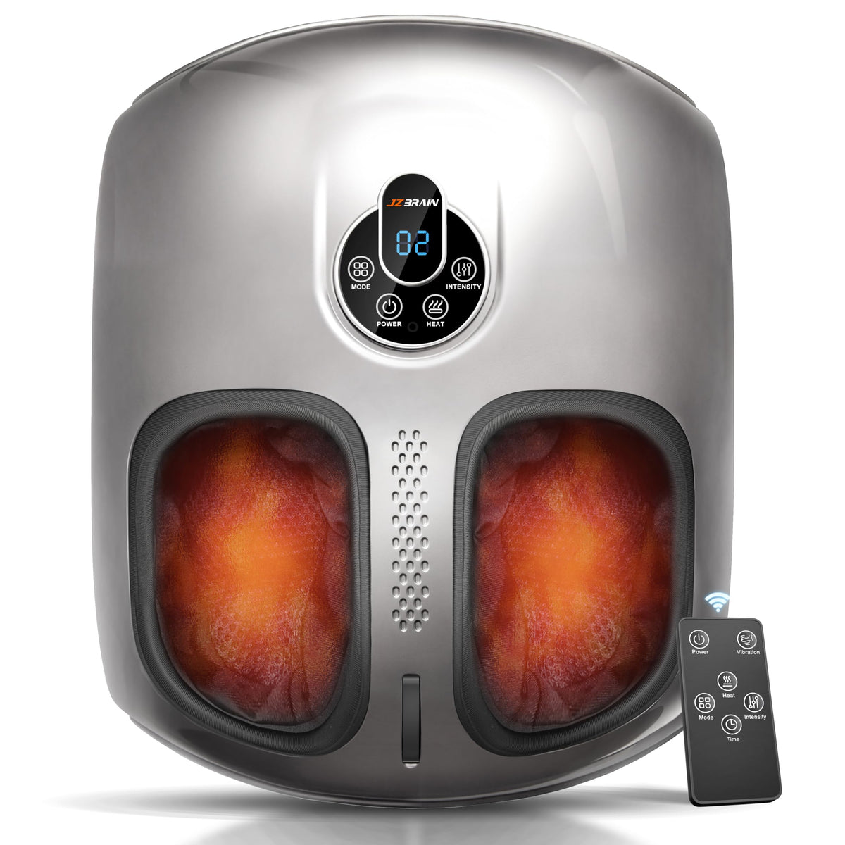 JZBRAIN Shiatsu Foot Massager front view showing compact design and sleek silver finish for home use