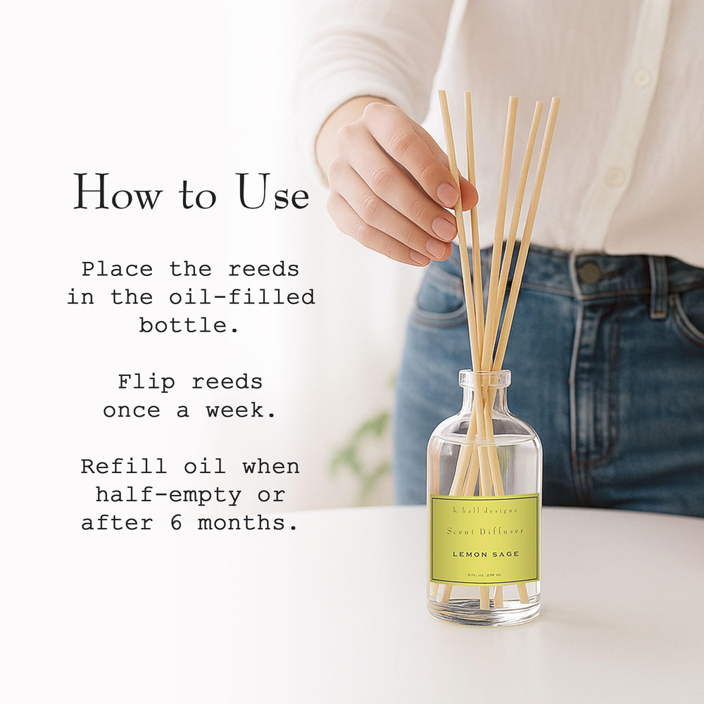 K. Hall Designs Lemon Sage diffuser close-up shows thick reeds and glass bottle.