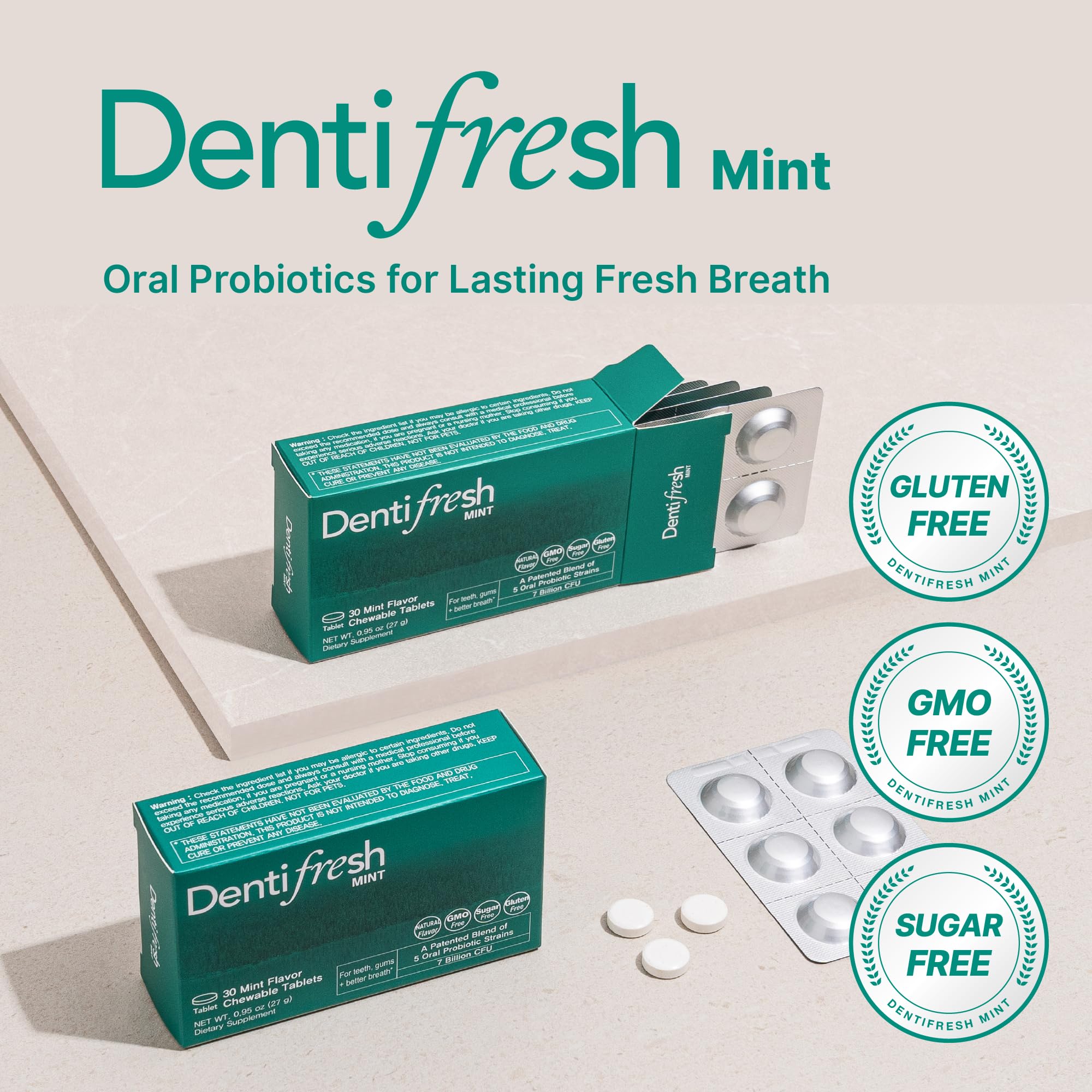 K-NUTRA Dentifresh Mint tablet close-up showing texture as it dissolves for refreshing mouthfeel
