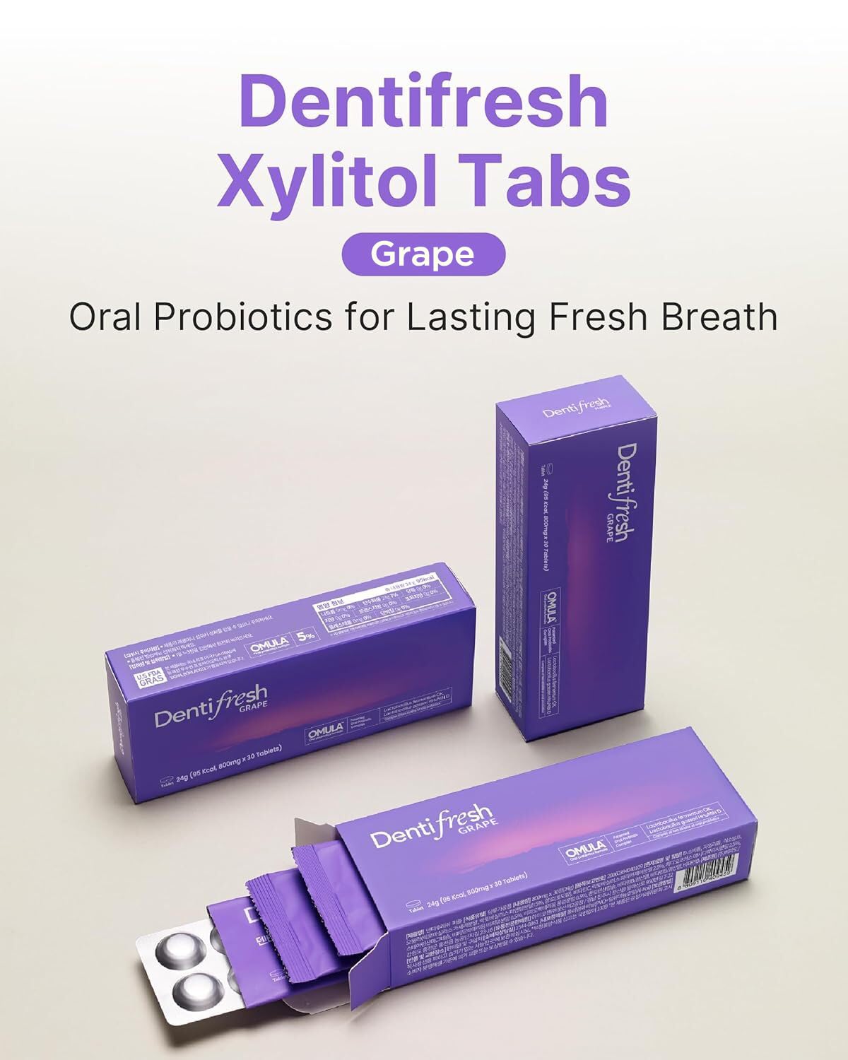 K-NUTRA Dentifresh Xylitol Tabs Grape tablets close-up highlighting grape flavor and sugar-free formula