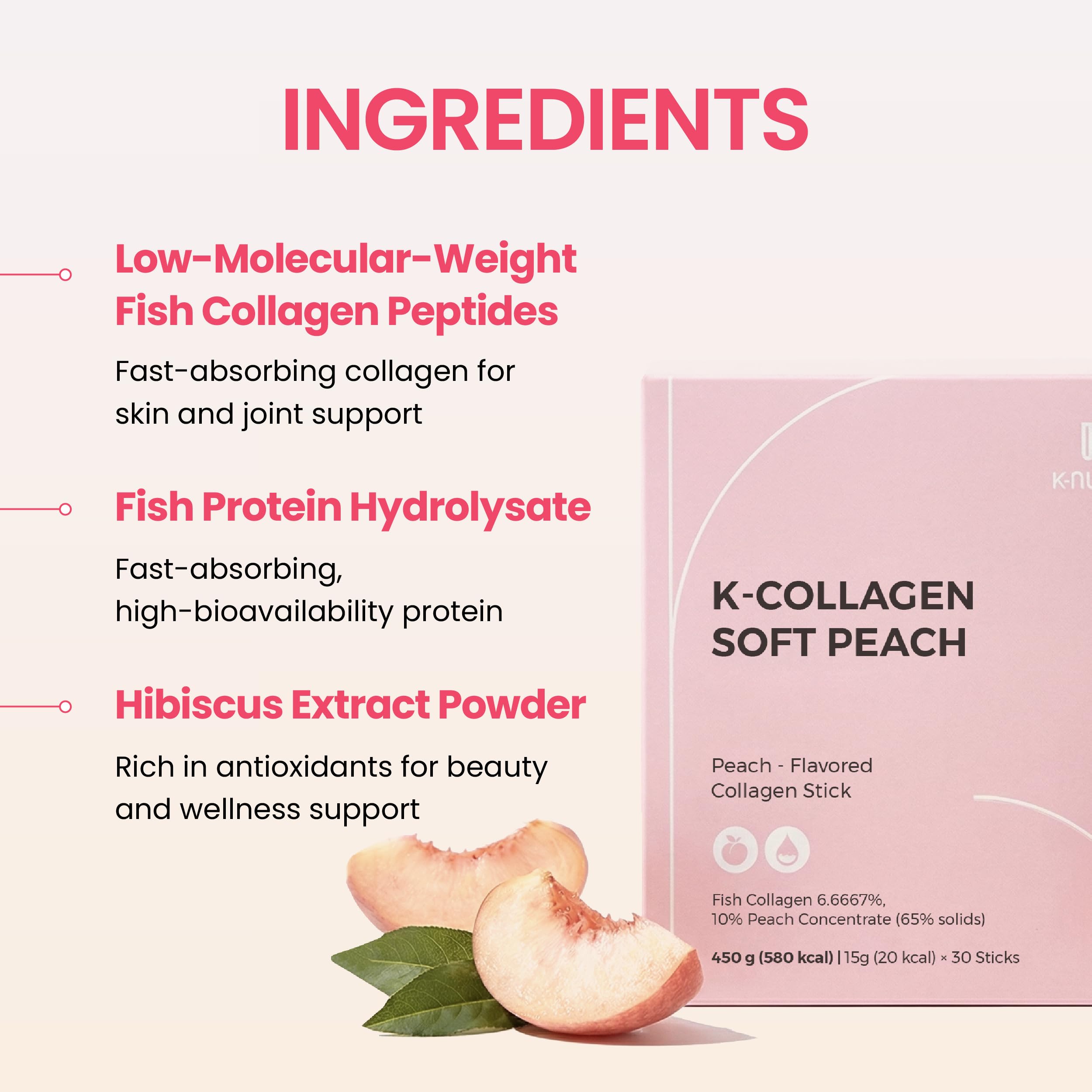 K-NUTRA K-Collagen Soft Peach with Vitamin C boost for skin-friendly nutrients.