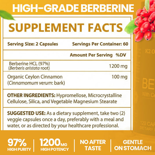 K2 Organics berberine capsules close-up emphasizing potency