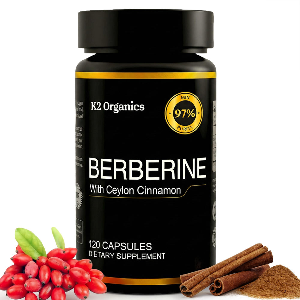 K2 Organics berberine with cinnamon bottle for daily wellness support