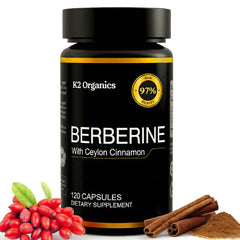 K2 Organics berberine with cinnamon bottle for daily wellness support