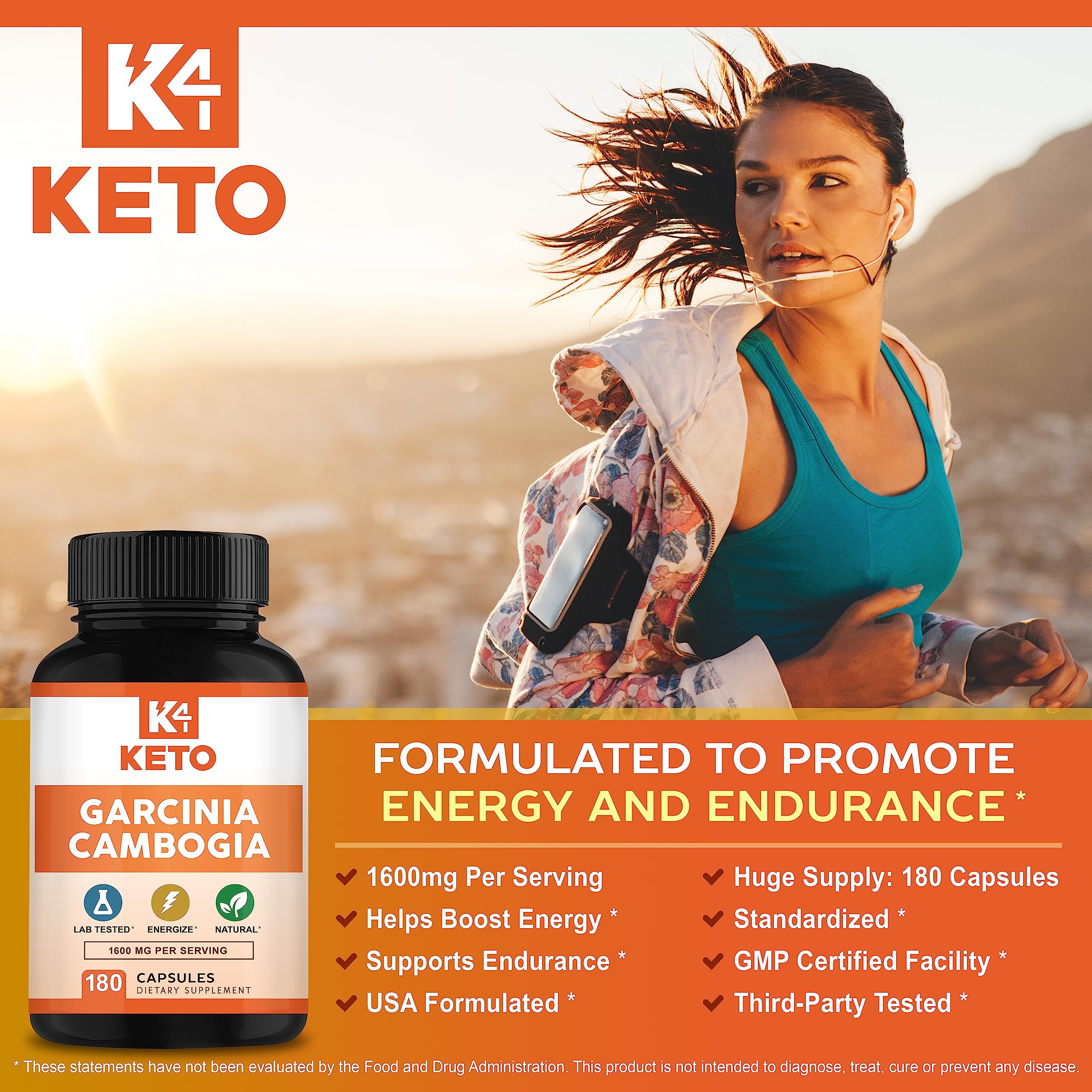 K4 Keto Garcinia Cambogia capsules close-up highlights the standardized extract quality.