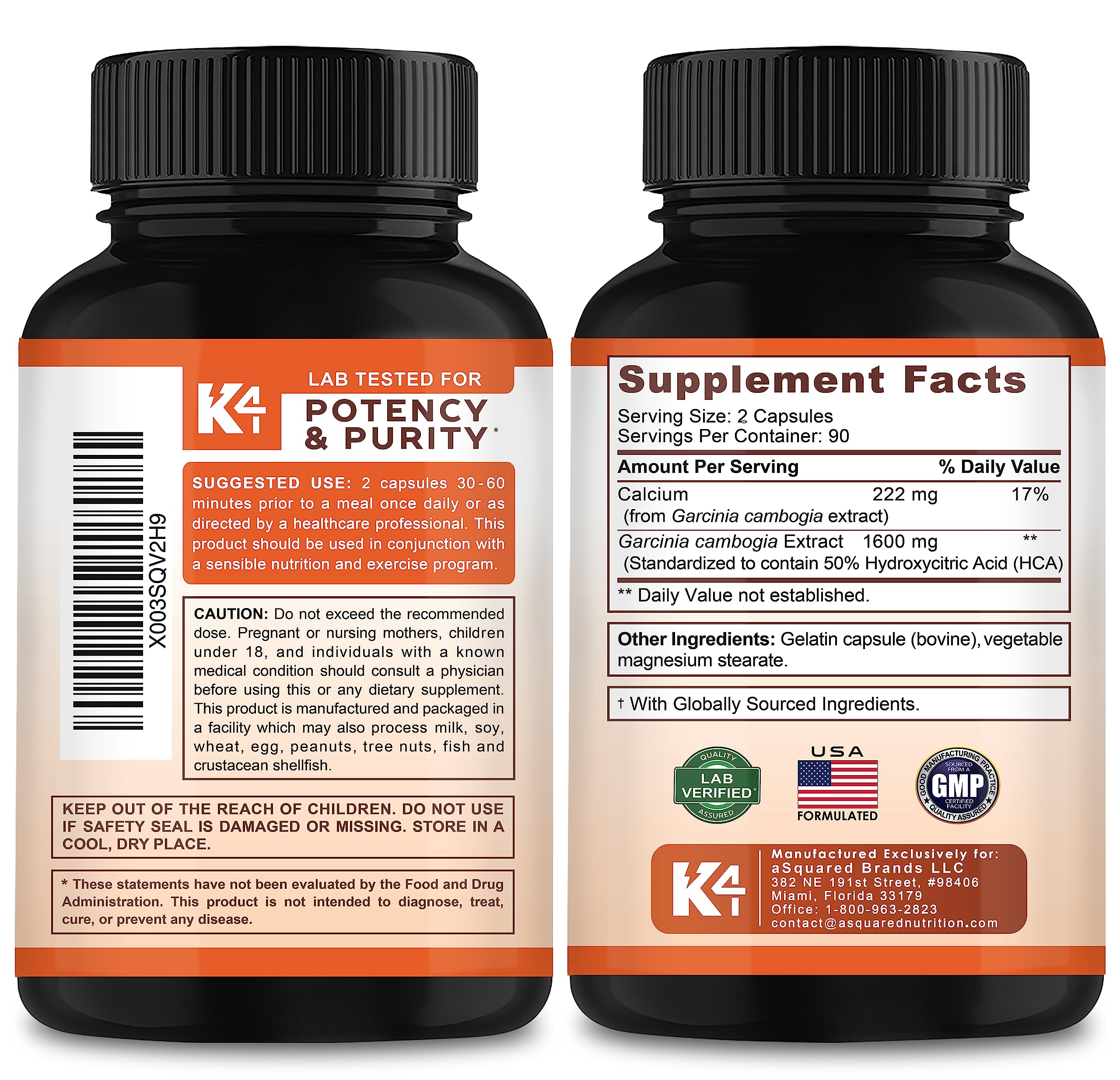 K4 Keto Garcinia Cambogia nutrition panel close-up highlights calcium antioxidants.